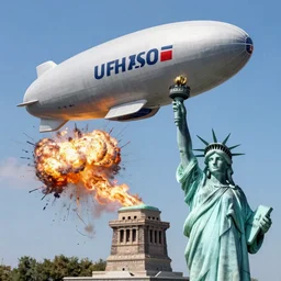 disaster photography, of giant zeppelin hitting the statue of liberty, full color, explosion, 8k, hd, high resolution