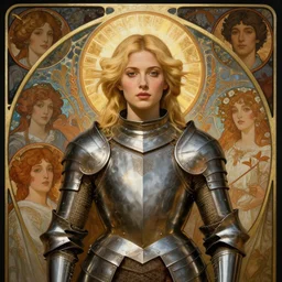 masterpiece head-on symmetrical centered painted portrait, Elisha Cuthbert as a holy warrior, blonde hair, holy light halo, glorious, wearing full metal armour, elegant, in the style of Guy Denning and Jeremy Mann and Ruan Jia and Artgerm and Edgar Maxence and Ross Tran and Alphonse Mucha and Ayami Kojima and Charlie Bowater and Karol Bak and Jean Delville, Art Nouveau, Pre-Raphaelite, Neo-Gothic, gothic, Art Nouveau, rich deep moody colors