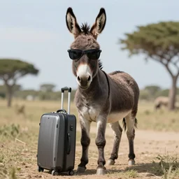 a donkey wearing sunglasses holding a travel suitcase, photorealistic, 8k resolution, long shot
