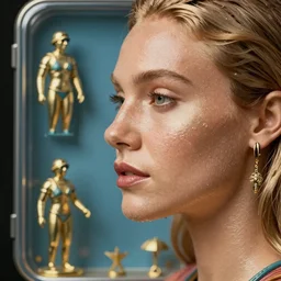 closeup face profile portrait of cara delevingne as a tin toy swim champ, bikini, depth of field, zeiss lens, detailed and intricate environment, fashion photoshoot by nicoletta ceccoli, mark ryden, lostfish, breathtaking, 8 k resolution, artistic, hyperrealistic, octane render