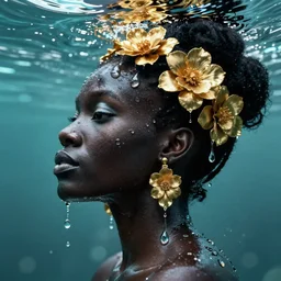 hyperrealistic post - dada cinematic very expressive! profile black oshun goddess, head emerging from water, mirror dripping droplet!, gold flowers, highly detailed face, digital art masterpiece, smooth eric zener cam de leon, dynamic pearlescent teal light, low angle uhd 8 k, sharp focus