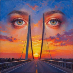 intricate five beautiful sunset on a bridge, oil on canvas, hdr, high detail, photo realistic, hyperrealism, surrealism, cinematic, matte finish, high contrast, 3 d depth, centered, masterpiece, vivid and vibrant colors, enhanced light effect, enhanced eye detail, artstationhd