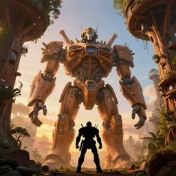 giant mecha silhouetted in foreground of giant wooden mecha building futuristic giant wooden tree trunk buildings, organic wooded self growing building, solarpunk, forest canopy understory, cinematic lighting, sunset, octane render, 3 d pixar disney digital cgi rtx hdr painting, highly detailed, artstation cgsociety masterpiece, by syd mead, greg rutkowski, wlop, artger