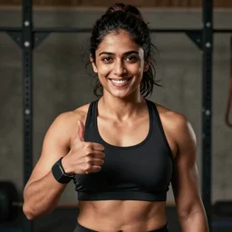 Radhika Apte as a strong crossfit athlete, smiling, giving a thumbs up to the camera, photo portrait by Steve McCurry