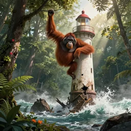 giant red orangutan climbing on the unstable and ruined lighthouse at the storm sea, beautiful, realistic, atmosphere, vibe, forest, lot of trees, fern, flowers, concept art illustration, color page, tone mapping, akihiko yoshida, james jean, andrei riabovitchev, marc simonetti, digital illustration, greg rutowski, volumetric lighting, sunbeams, particles