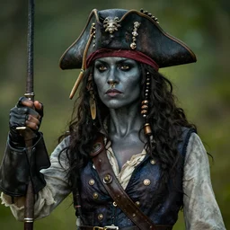 a beautiful female pirate with dark grey iridescent skin