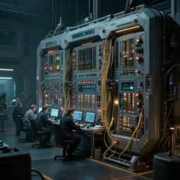 closeup of a highly futuristic technical advanced power distributor of a spacecraft with engineers working at the docks, cyberpunk, moody, luminescent, rule of thirds, golden ratio, ambient lighting, syd mead, greg rutkowski, wlop, artgerm, artstation, highly detailed masterpiece