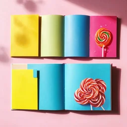 flatlay book collection, vivid colors, dramatic lighting, candy