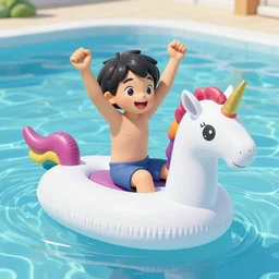 success boy riding a unicorn pool float