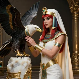 red - haired final fantasy white marble egyptian nun caressing her eagle, warframe armor, regal, attractive, ornate, sultry, sexy, beautiful, elize theron, pretty face, green eyes, scifi platform, 4 k, ultra realistic, epic lighting, illuminated, cinematic, black gold, art by alexandra petruk, voidstar