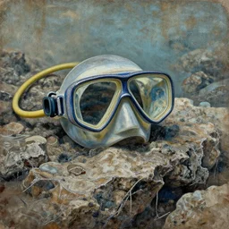 detailed rocky sea floor glimmering thin contours mixed media aged fresco, abandoned scuba visor