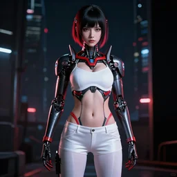 a detailed potrait of a cyberpunk cyborg girl with black and red parts, perfect face, realistic shaded perfect face, detailed. night setting. very anime style. realistic shaded lighting poster by ilya kuvshinov katsuhiro, unreal engine, global illumination, radiant light, detailed and intricate environment, full length and white stockings, white bra, white shorts