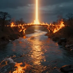 a river runs here, a fiery river, from east to west, from west to north. over that river the fiery river drives the light. cinvat bridge of separation. light transports souls. award - winning, very trending, esoteric art, 2 k, 4 k, ue 5