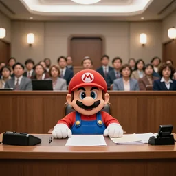 film still of!!! super mario!!! sitting at a courtroom desk testifying in court | a crowd of people sitting behind him in the new sci - fi movie