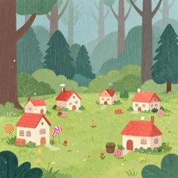 cute little village in the woods, raining candy and sprinkles