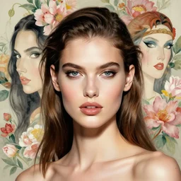 portrait latina supermodel with floral background by karol bak, artgerm, moebius, elena masci, tom bagshaw : : fantasy, portrait, illustration, photorealism, hyperrealism