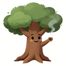 illustration of an old tree that has a cheerful face, it's smoking a cigarette, in high detail, fantasy illustration by angus mcbride, trending on artstation
