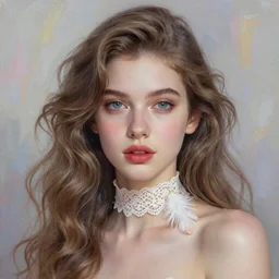 extremely beautiful female portrait, accelerated perspective wavy hair, dof skin, lace chocker with feathers, pastel color + impressionism background, soft light detailed illustration by ilya serafleur / kuvshinov / rossdraws / tian zi, sharp focus, moody lighting from top, vibrant pupils, lipstick on lips, d & d fantasy race