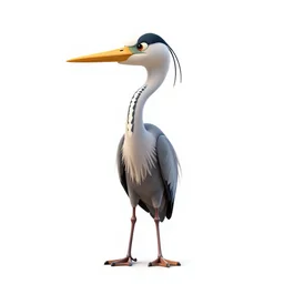 chibi heron, stylized pixar-style 3d render, full body, isolated on a pure white background, centered, entire subject in frame, sharp focus, soft studio lighting