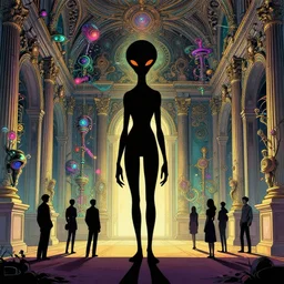 a silhouette of a supernatural alien in baroque neoclassicist halls overgrown with colorful otherworldly technology, high intricate details, long shot, rule of thirds, golden ratio, graphic novel by fiona staples and dustin nguyen, by beaststars and orange, peter elson, alan bean, studio ghibli, makoto shinkai