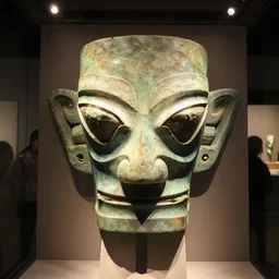 traditional alien mask in a museum with spot lights, realistic, photography, photojournalism, national geographic photoshoot