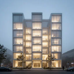 Endless habitat 67, windows glowing in the fog by architect moshe safdie