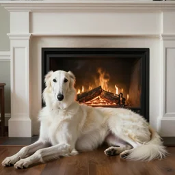 photo accurate, white russian greyhound, borzoi, realistic, lays by the fireplace, matte painting, sargent, elegant matte painting, sharp focus, by greg rutkowski