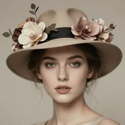 a head, neutral palette, 1 9 3 0 style, it is wearing a hat with flowes, vogue cover style, greg rutkowski style, depth of field