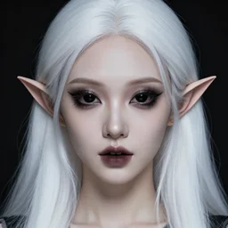 a scary portrait, dark background, beautiful horror girl, white long hair, professionally retouched, soft lighting, realistic, smooth face, black alien eyes, pointed elf ears, pointed big teeth, wide angle, sharp focus on the eyes, 8 k high definition, insanely detailed, intricate, elegant, beautiful, art by artgerm and wlop
