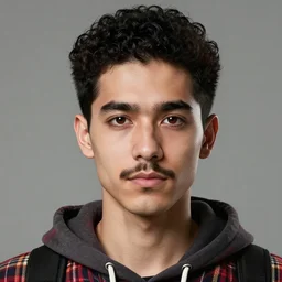 highly detailed portrait of a sewer punk guy worker, thirties, black hair, brown eyes, small mustache, tartan hoody, short curly hair by atey ghailan, by greg rutkowski, by greg tocchini, by james gilleard, by joe fenton, by kaethe butcher, gradient pink, brown, light blue and white color scheme,