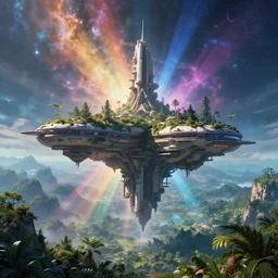 the floating city, sci - fi, overgrown nature, beautiful landscape, mystical, magical, post - apocalyptic, futuristic flying city, 8 k, super - resolution, intricate details, super details, detailed and intricate, nebula light rays, god rays, cinematic, beautiful lighting, triadic colors, octane render,