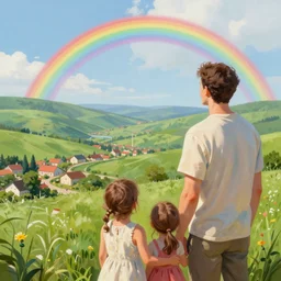 dad. mom. kids. a happy familly looking at a distant rainbow. green valley horizon. a village. intricate, elegant, highly detailed, digital painting, artstation, concept art, sharp focus, illustration, by justin gerard and artgerm, 8 k