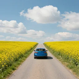a blue car is driving on a small road in the wild with small yellow flowers on both sides of the road, the weather is sunny, white clouds are blooming, movie texture, 8 k, hyper - realistic