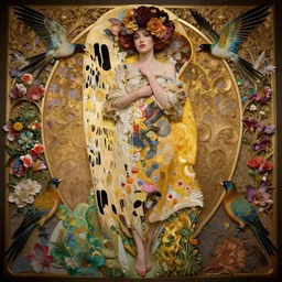 a beautiful intricate beatutifull woman with birds, ultra - wide angle, baroque, elagant, highly detailed, photorealistic, flowers, octane render, 8 k, unreal engine, by william turner, by victo ngai, by alphonse mucha, by gustav klimt, hd, trending on artstation, hyper detailed, cinematic, intense colors