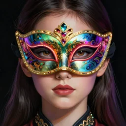 A girl wearing a glowing colorful rave mask, face, detailed, intricate, elegant, highly detailed, digital painting, artstation, concept art, smooth, sharp focus, illustration, art by Krenz Cushart and Artem Demura and alphonse mucha
