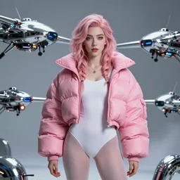 beautiful fantasy portrait, bell delphine, wearing oversized pink puffy bomber jacket and white leotard, futuristic chrome drones, ultra realistic, dramatic lighting, the fifth element artifacts, highly detailed by boris vallejo, aaron horkey, gaston bussiere, craig mullins