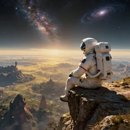 A astronaut sitting on the edge of a cliff and gazing upon a amazing alien landscape and the universe, digital art, breathtaking, golden ratio, extremely detailed, establishing shot, hyperrealistic, cinematic lighting, particles, unreal engine, simon stålenhag, rendered by Beeple, Makoto Shinkai, syd meade, simon stålenhag, Ruan Jia, Kentaro Miura, environment concept, artstation, octane render, 8K UHD image
