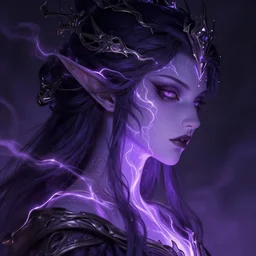 one female wizard with lavender skin with blazing trails of light, nge, dark fantasy, three quarter profile face closeup, intricate, highly detailed, digital painting, volumetric light, artstation, concept art, smooth, sharp focus, illustration, art by gil elvgren and greg rutkowski and luis royo, and alphonse mucha, 8 k