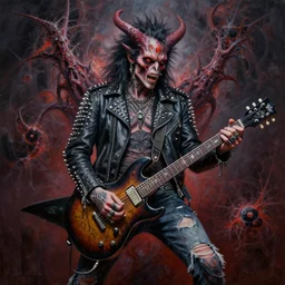 highly detailed oil painting of a fractal apocalyptic demonic entity by dan seagrave art, michael whelan art, punk rock fashion, studded leather jackets, ripped jeans, tattoos, piercings, bc rich guitars