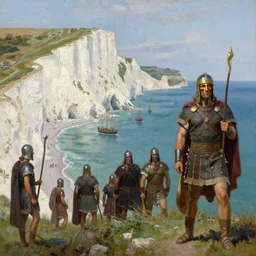 celtic briton tribal soldiers with war paint on top the white cliffs of dover with roman ships in the sea in front of them, celtic, cinematic, oil painting, in the style of Marc Simonetti