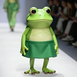 fashion show with a super sad green tree frog dressed in a green skirt, photo realistic, matte image