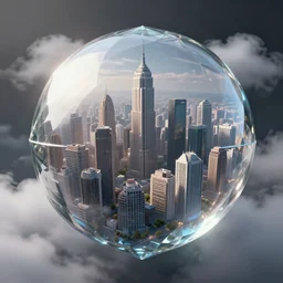 a gigantic city contained in a diamond glass orb, where the image of the city inside is distorted by light refraction, smoky glass, and clouds surrounding it, blender