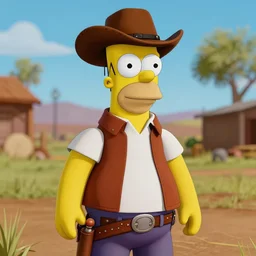 Screenshot of Homer Simpson as a 3d cowboy in full cowboy attire in the videogame 'Red Dead Redemption 2'. Sharpened. 1080p. High-res. Ultra graphical settings.