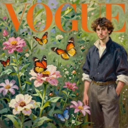 flower garden, butterflies, vogue magazine, anime, john singer sargent, trending on artstation, oil painting, intricate