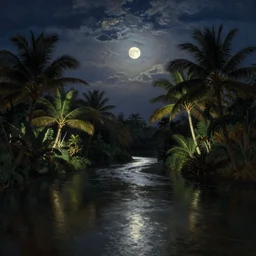 the night time river of light, tropical vegetaion, moonlight, by frederic edwin church,