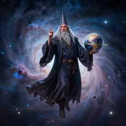 Wizard floating through a nebula pondering their orb, highly detailed, featured