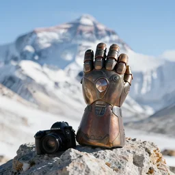 a thanos gauntlet is sitting on the peak of mount everest, clear focus, bokeh effect, high res, hasselblad, dslr