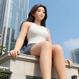 Giant woman sitting on a building, very high detail, 4K quality, super realistic, photo realistic