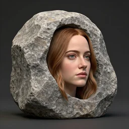 big rock solid stone with the emerging face of emma stone buried inside the stone rock, realistic render