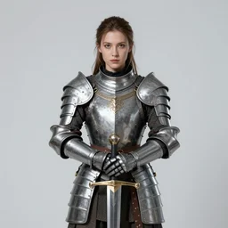 a medieval fantasy warrior woman paladin, pretty face, wearing armor, holding a sword in front of her with long white radiant hair, excellent lighting and clear imagine, 4 k, cinematic, perfect face